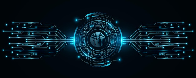 User fingerprint scan with glowing HUD circle and electronic computer elements Biometric data security Touch screen button with AI circuit board for UI and GUI design Vector illustration