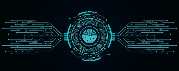User fingerprint scan with HUD circle and electronic computer elements Biometric data security Touch screen button with AI circuit board for UI and GUI design Vector illustration