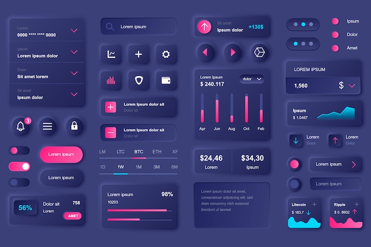 Vektor user interface elements for cryptocurrency mobile app. cryptocurrency mining, exchange and stock trading gui templates. unique neumorphic ui ux design kit. manage, navigation and analytics components