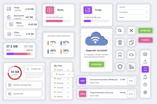 User interface elements set for cloud technology mobile app Kit template with HUD diagrams files management storage system content information Pack of UI UX GUI screens Vector components