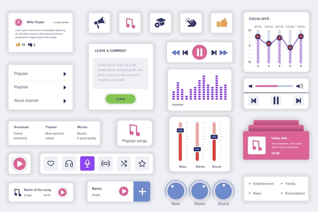 User interface elements set for music mobile app Kit template with HUD diagrams player button playlists broadcasting equalizer setting account Pack of UI UX GUI screens Vector components