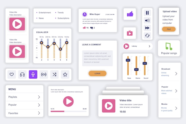 User interface elements set for video tube mobile app Kit template with HUD diagrams player button streaming platform equalizer playlist rating Pack of UI UX GUI screens Vector components