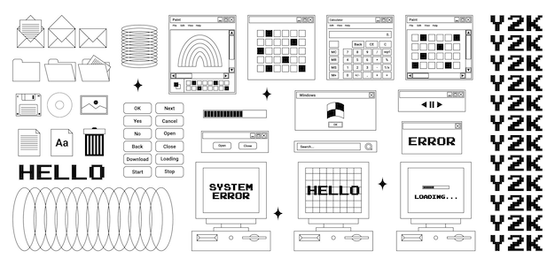 User Interface y2k stickers Retro icon browser buttons screen computer and more Black white Vector