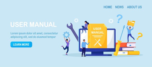 User manual Customer find answers online in internet Business person reading user guide or textbook on monitor Q and A FAQ and instructions