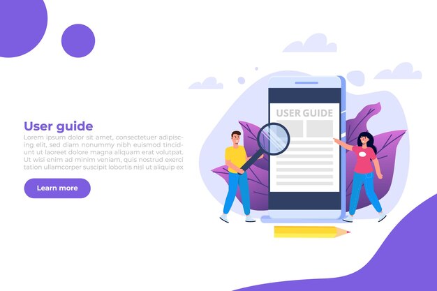 User manual  flat style concept. People with guide instruction are discussing about content of handbook. Vector illustration.