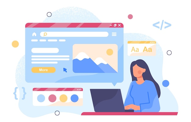UX and UI designer cocept Woman behind laptop developing interface for website page Graphic designer and freelancer at workplace Creativity and art Cartoon flat vector illustration