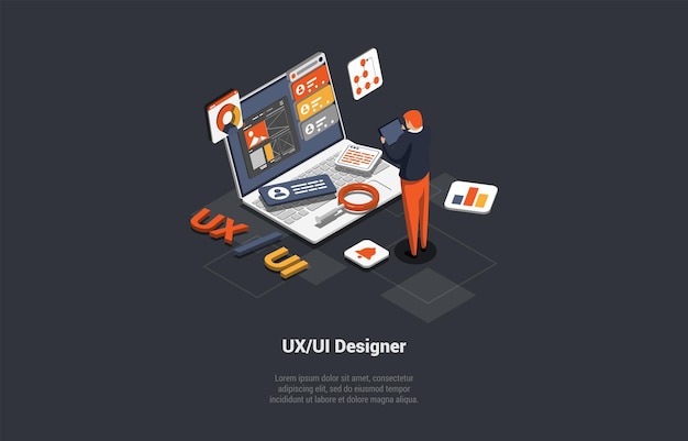 UX UI Design Digital Arts Typeface Icons Concept Man Developer In Front Of Laptop Software Development 3d And Web Design Programming Marketing in IT Agency Isometric 3d Vector Illustration
