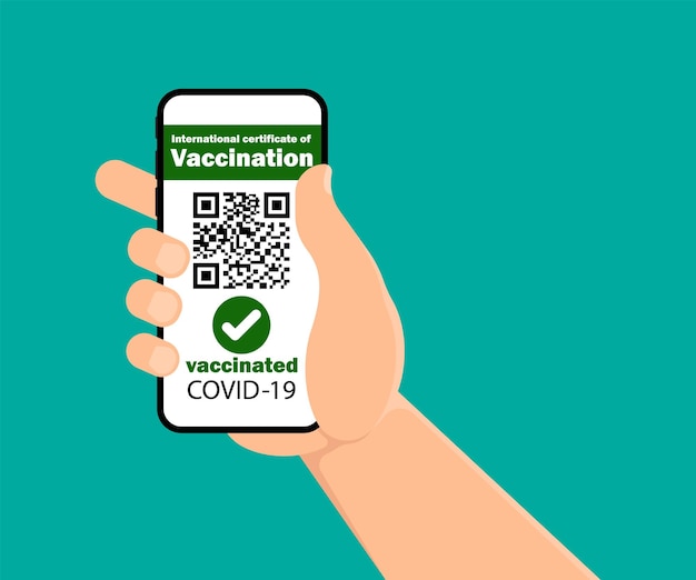 vaccination passport for covid19 displayed on smartphone held in male's hand vector illustration