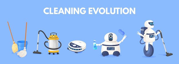 Vacuum cleaners evolution Domestic cleaning tool progress broom to robot cleaner smart home technology dust clean device robotic household appliance neat vector illustration