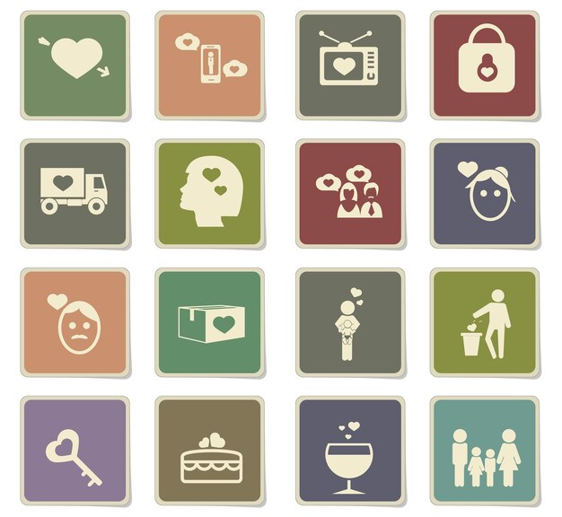 Valentine day icons on square paper stickers with shadow