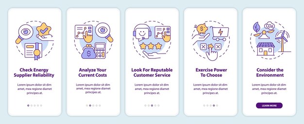 Välja energileverantör faktorer onboarding mobil app skärm
