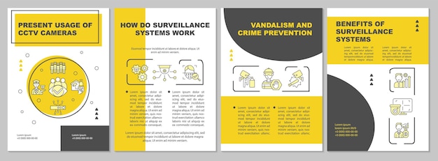Vandalism and crime prevention brochure template. Surveillance work. Flyer, booklet, leaflet print, cover design with linear icons. Vector layouts for presentation, annual reports, advertisement pages