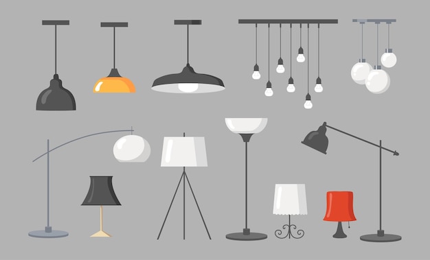 Various lamps flat pictures collection. Cartoon modern chandeliers, light pendants and ceiling lamps with bulbs isolated  illustrations. Interior design elements and furniture concept