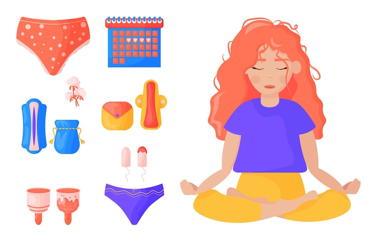 Various means for the menstrual cycle menstrual cup pads tampons a girl sits meditating during
