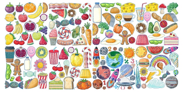 various objects in pencil colour sketch simple style