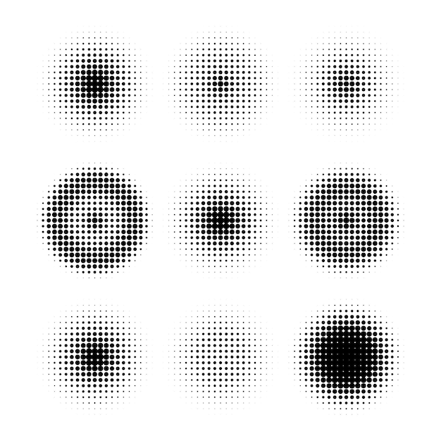 various patterns of black dots creating a halftone effect