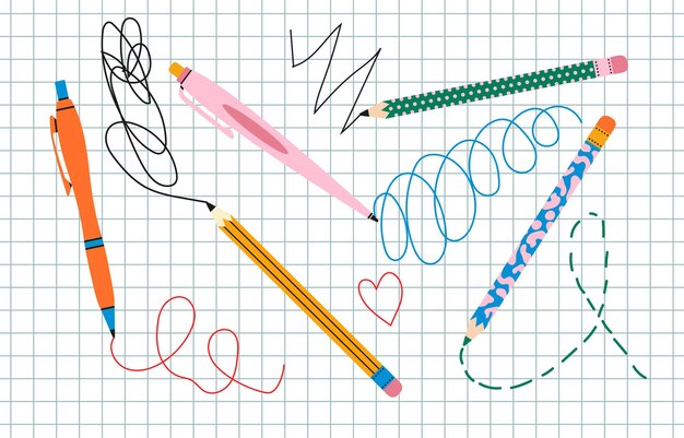 Various pencils pen writing school and office tools Cute stationery Trendy modern vector