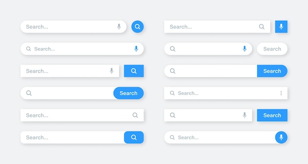 Various search bar templates Internet browser engine with search box address bar and text field UI design website interface element with web icons and push button Vector illustration
