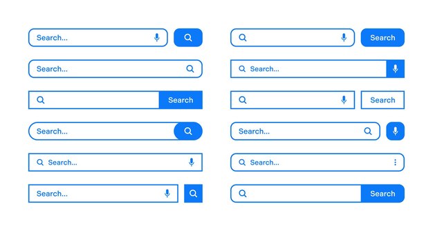 Various search bars with outline border Internet browser engine with search box address bar and text field UI design website interface element web icons and push button Vector illustration
