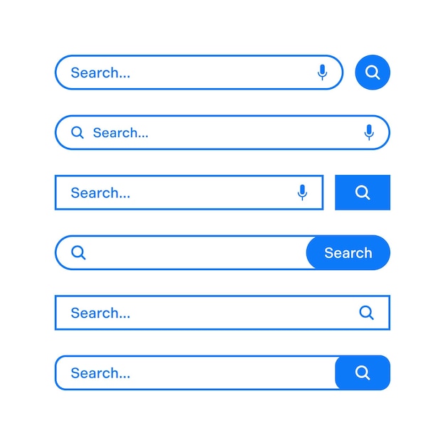 Various search bars with outline border Internet browser engine with search box address bar and text field UI design website interface element web icons and push button Vector illustration