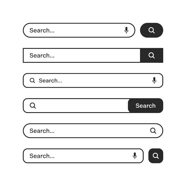 Various search bars with outline border Internet browser engine with search box address bar and text field UI design website interface element web icons and push button Vector illustration