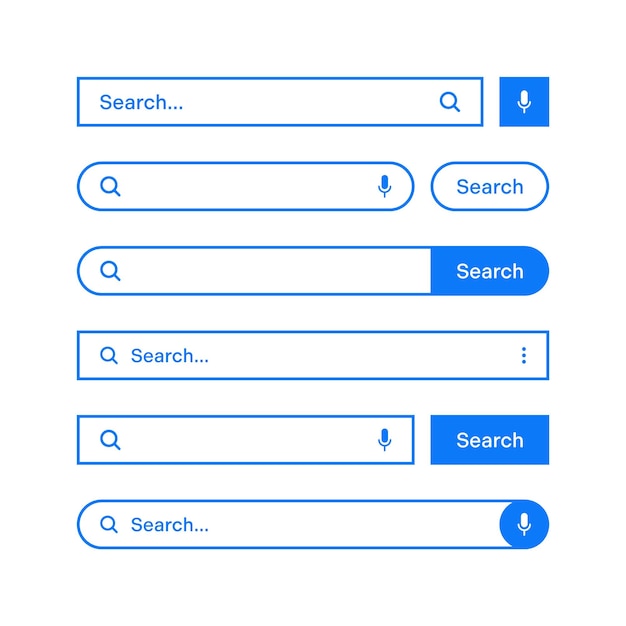 Various search bars with outline border Internet browser engine with search box address bar and text field UI design website interface element web icons and push button Vector illustration