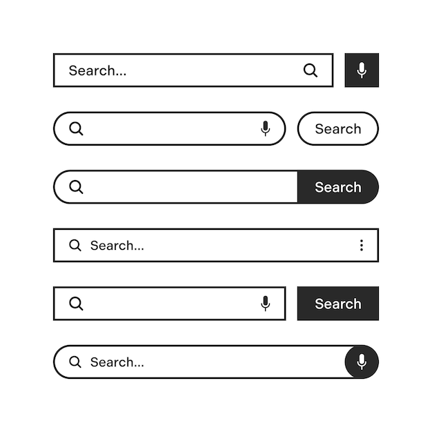 Various search bars with outline border Internet browser engine with search box address bar and text field UI design website interface element web icons and push button Vector illustration