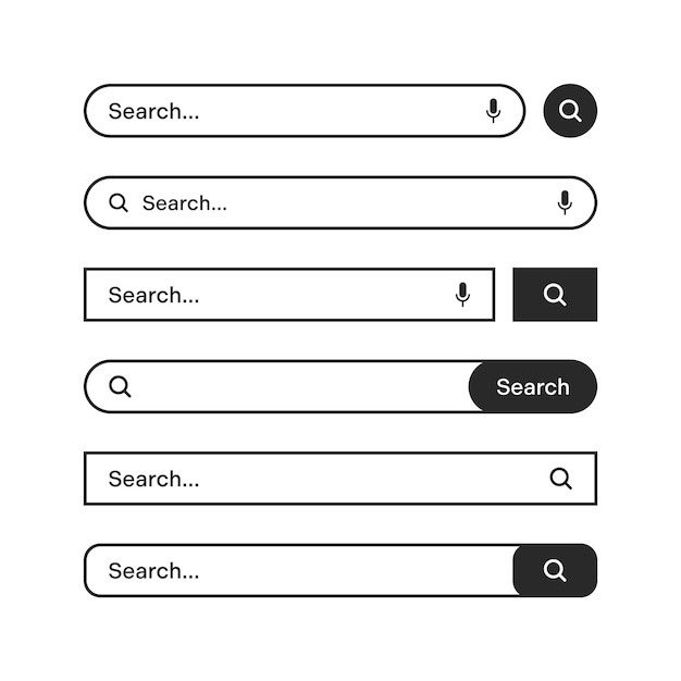 Various search bars with outline border Internet browser engine with search box address bar and text field UI design website interface element web icons and push button Vector illustration