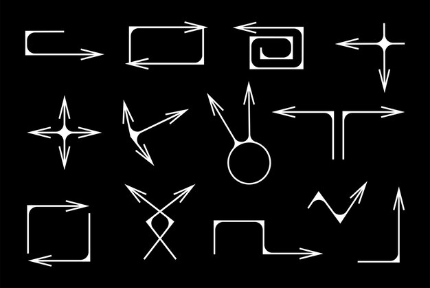 Various vector arrow elements on black background line art hand drawn arrows collection