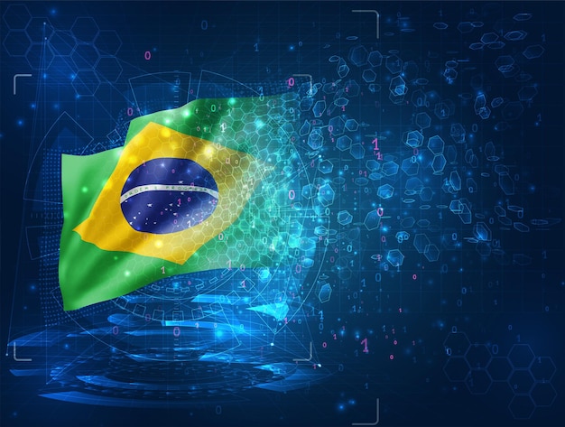 Vector 3d flag on blue background with hud interfaces,  Brazil