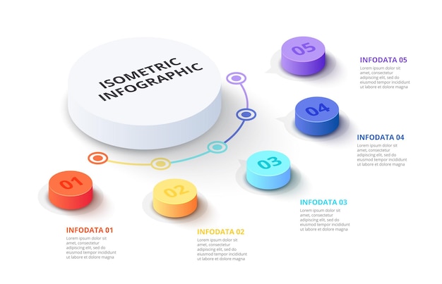 Vector 3d gradient cylinders Creative concept for isometric infographic with 5 steps