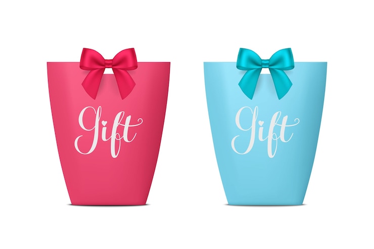 Vektör vector 3d realistic pink and blue paper gift bag box for birthday or party with silk bow ribbon