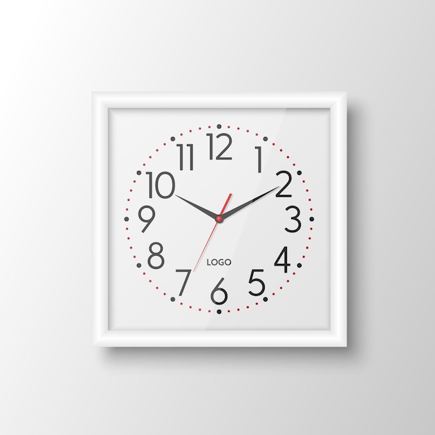Vector 3d Realistic White Square Wall Office Clock Design Template Isolated White Frame White Dial