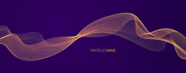 Vector abstract background with wave of flowing particles over dark, smooth curve shape lines, particle array flow. 3d shape glowing dots blended mesh, technology relaxing wallpaper.
