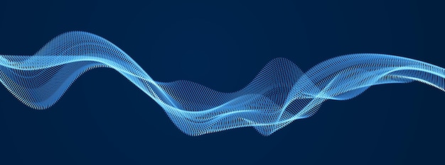 Vector abstract background with wave of flowing particles over dark, smooth curve shape lines, particle array flow. 3d shape glowing dots blended mesh, technology relaxing wallpaper.