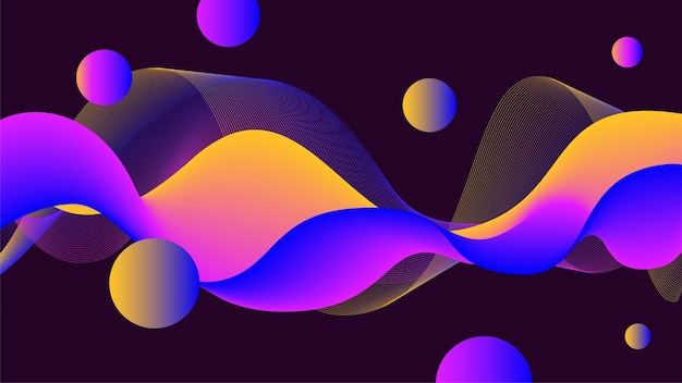 Vector abstract background with wavy shapes lines and spheres in pink yellow purple and orange colors