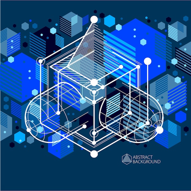 Vector abstract blue black background created in isometric mesh lines style. Mechanical scheme, vector engineering drawing with cube and mechanism parts. Perfect background for your design projects