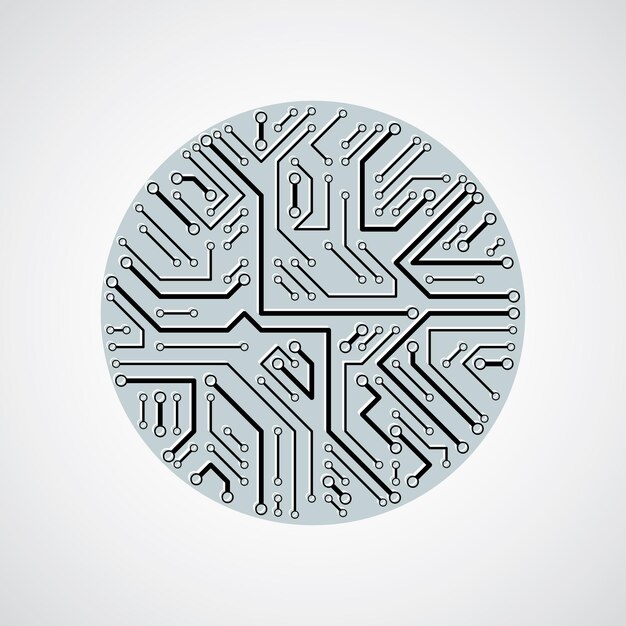 vector abstract computer circuit board illustration, monochrome round technology element with connections. electronics theme web design.