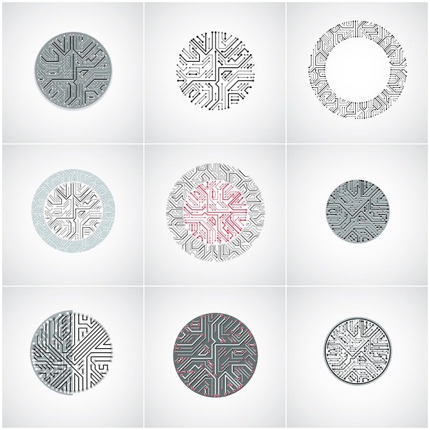 Vector abstract computer circuit boards collection, round technology elements with connections and arrows. Electronics theme web design abstractions.