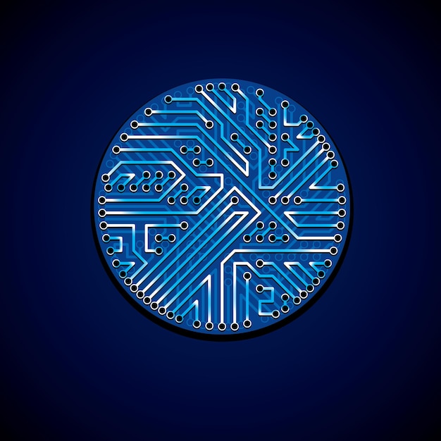 vector abstract computer glare circuit board, blue round technology element with connections and neon lights. electronics theme web design.