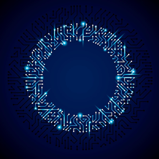 Vector abstract luminescent technology illustration, round blue neon circuit board with sparkles. High tech circular digital scheme of electronic device.
