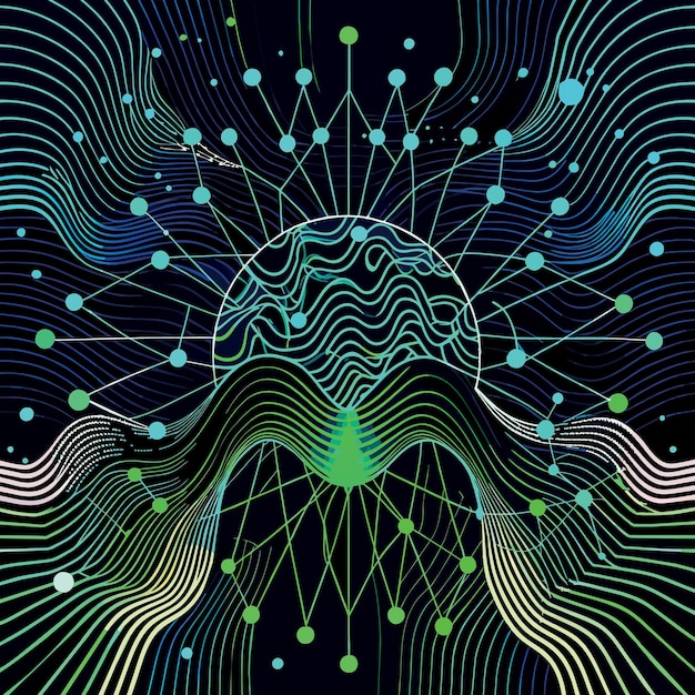 Vector abstract technology background wavy neural network lines and binary code texture background