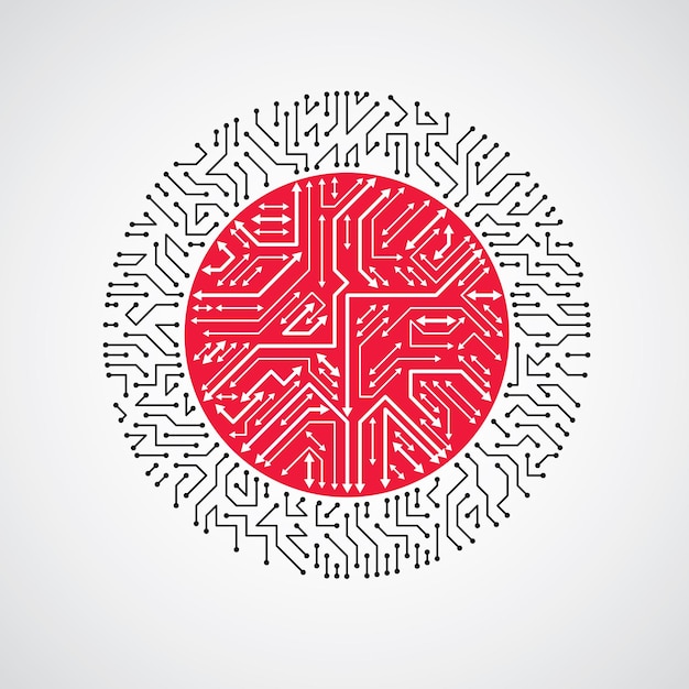 Vector abstract technology illustration with round black and red circuit board. High tech circular digital scheme of electronic device, multidirectional arrows.