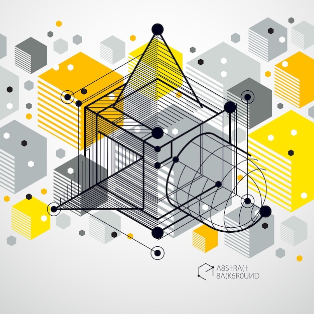 Vector abstract yellow background created in isometric mesh lines style. Mechanical scheme, vector engineering drawing with cube and mechanism parts. Perfect background for your design projects