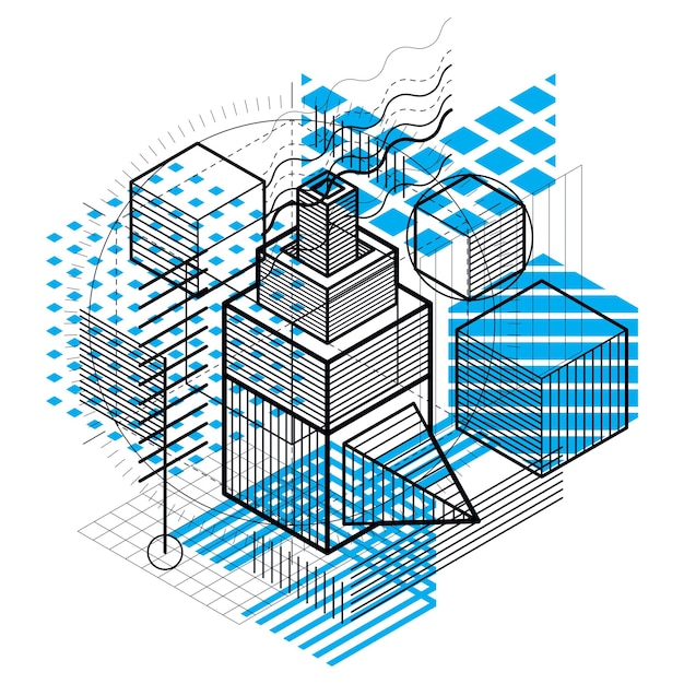 Vector background with abstract isometric lines and figures. Template made with cubes, hexagons, squares, rectangles and different abstract elements.