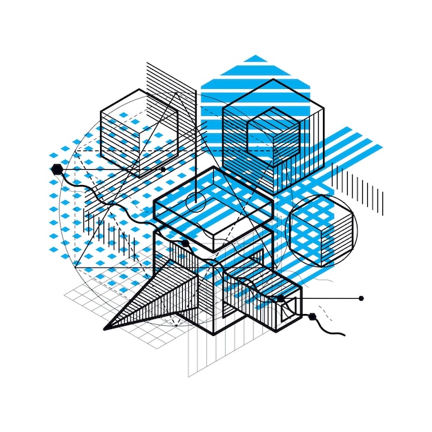 Vector background with abstract isometric lines and figures. Template made with cubes, hexagons, squares, rectangles and different abstract elements.