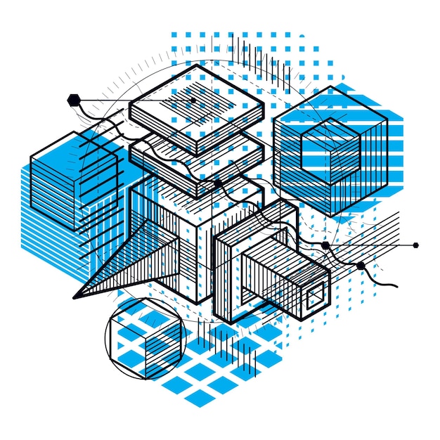 vector background with abstract isometric lines and figures. template made with cubes, hexagons, squares, rectangles and different abstract elements.