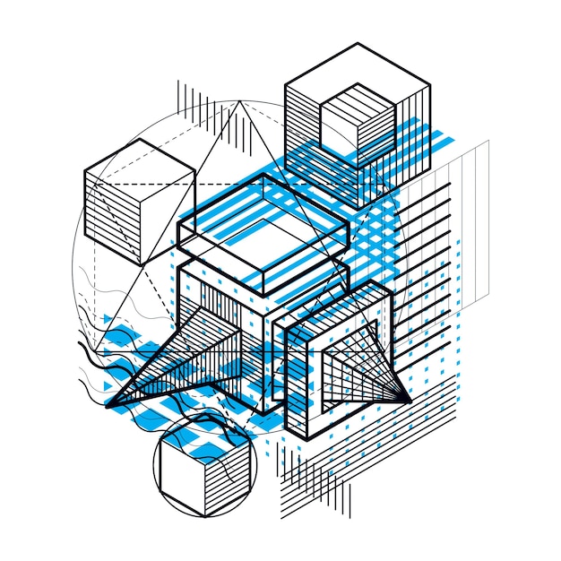 Vector background with abstract isometric lines and figures. Template made with cubes, hexagons, squares, rectangles and different abstract elements.