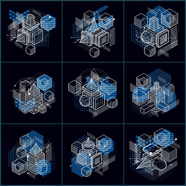 Vector backgrounds with abstract isometric lines and figures. Templates made with cubes, hexagons, squares, rectangles and different abstract elements. Vector set.