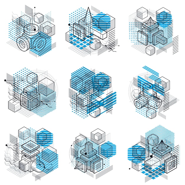 Vector backgrounds with abstract isometric lines and figures. Templates made with cubes, hexagons, squares, rectangles and different abstract elements. Vector set.